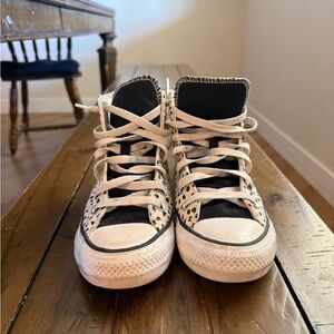 Converse High Top Sneakers in Black & Cream Leopard Print